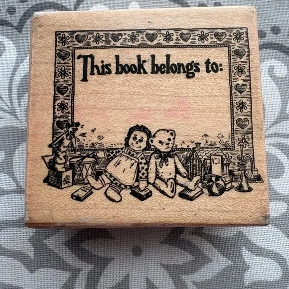 Vintage "This Book Belongs To" Rubber Stamp - Toy Scene - Picture 1 of 4